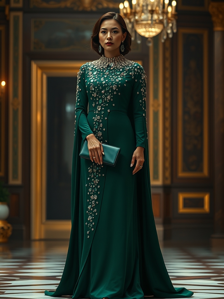 یک لباس مجلسی زنانه سبز زمردی،راسته،آستین بلند،یقه بسته،یه شنل بلند روش باشه ، بالای شنل پر از نگین های الماس و زمرد به شکل آسمان پر ستاره
 مدل محجبه.کیف مجلسی سبز هم دستش باشه.داخل قصر .9