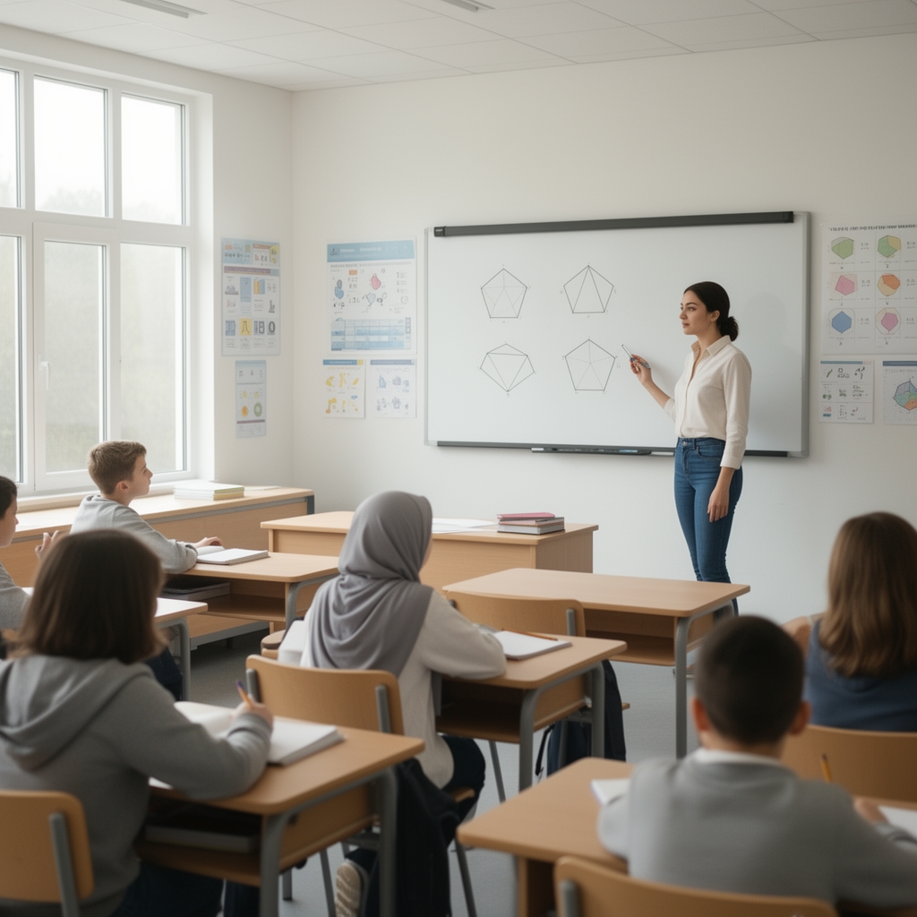 یک دختر با حجاب در کلاس ریاضی
و همکلاسی هایشو معلمش که بر روی تخته ی وایت برد چند ضلعی های منتظم کشیده شده است5