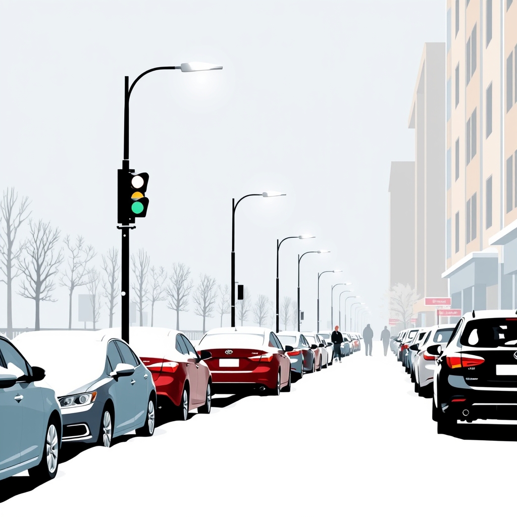 The image depicts a snowy urban scene with parked cars along a snow-covered street, tall street lamps, and a few pedestrians walking. The street lamp on the left has a stoplight attached.0