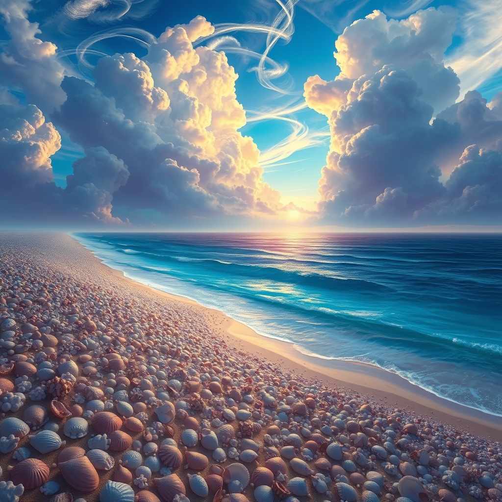 طبیعت با دریای بزرگ و کلی صدف و آسمون آبی و ابر های زیبا 20