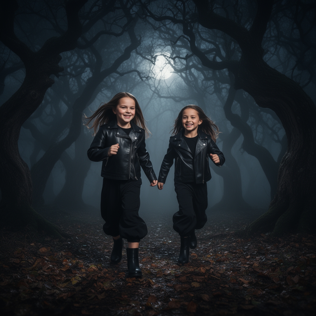 یک دختر در جنگل ترسناک دختر نیم بوت مشکی و لباس چرم و شلوار بگ لی مشکی که داره با دوستش بازی میکنه0