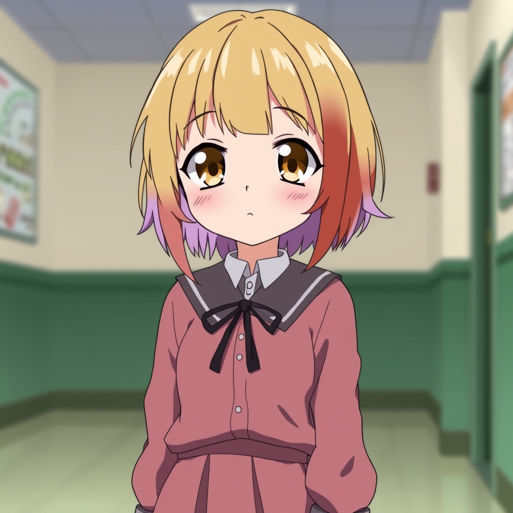 دختری با مو هایی کوتا و تقریبا بلنو
بلند و چتری که دماغش قلمی باشد و چشمانش درشت و طلایی رنگ و مو هایش دو رنگه با رنگ های طلایی و یاسی و آبانی قرمز و کوچک و لباسش آستین کوتاه مدرسه ای و دا منی تنگ و فضای دورش مدرسه باشد17