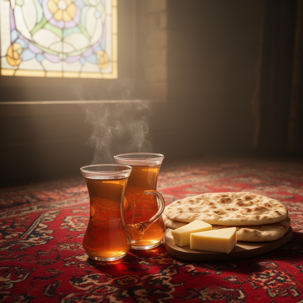 یک استکان چای کمر باریک روی فرش لاکی ایرانی، بخار داغ چای، نان سنگک تازه و پنیر کنار آن، نور ملایم صبح که از پنجره رنگی می‌تابد، حس نوستالژیک.4
