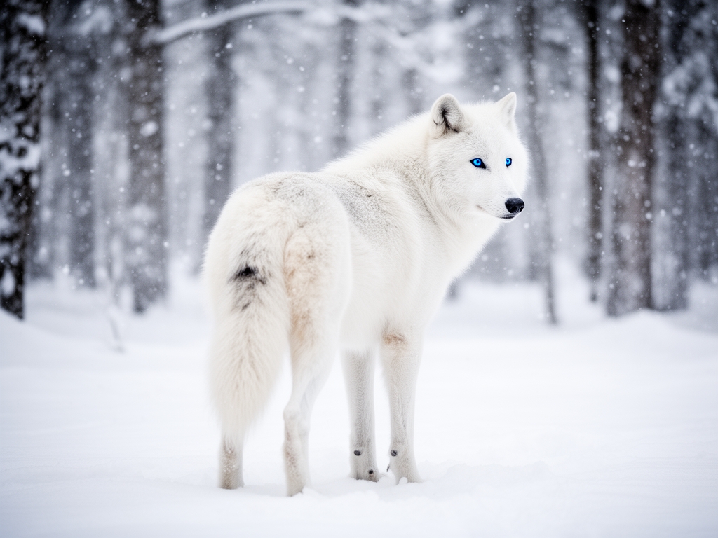 یک گرگ پر پشت و مو سفید با مردمک چشمان آبی در جنگلی برفی که باران برف وجود دارد چهار دست و پا ایستاده است و مو های گرگ کاملا سفید است و گرگ به دوربین نگاه نمیکند ولی چشمان آبی اش دیده میشود. بسیار بسیار بسیار بسیار بسیار واقع گرایانه 1