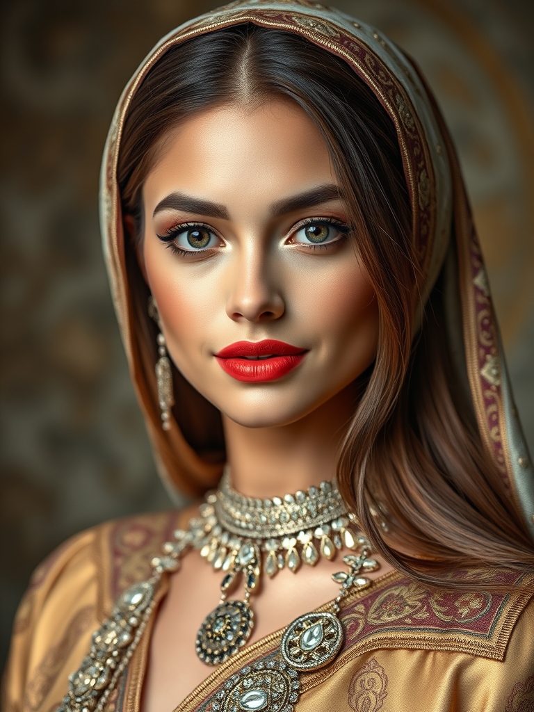 زیباترین و جذاب ترین بانویی رو که تا حالا دیدی رو برام بکش با یک لباس بینظیر و گرانبها و رویایی  صورتش بسیار زیبا و ناز و جذاب باشه چشماش همه رو محسور کنه و لباش خوش فرم و قرمز موهاش بلند و زیبا 17