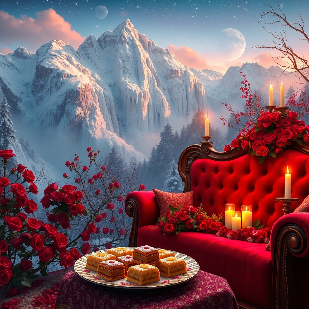 عکس یک کوه یخ زده در زمستان با آبشار های یخ زده با هزاران گل سرخ و کاناپه قرمز پر از شمع و گل در یک شب درخشان و یک ظرف شیرینی باقلوا و باسلوق14