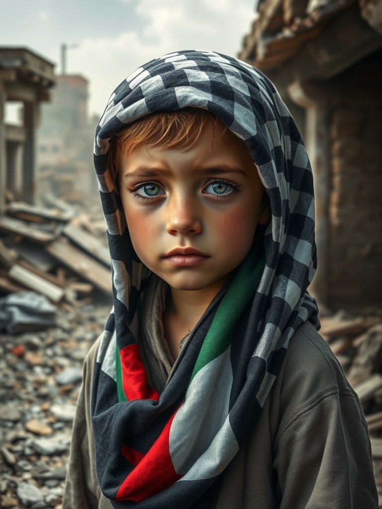 عکس پسری زیبا و سفید پوست با چفیه و مشکی و پرچم فلسطین روی لباسش با چهره ای غمگین و چشمانی پر از اشک
در خرابه ها ی کشور ویران شده 11