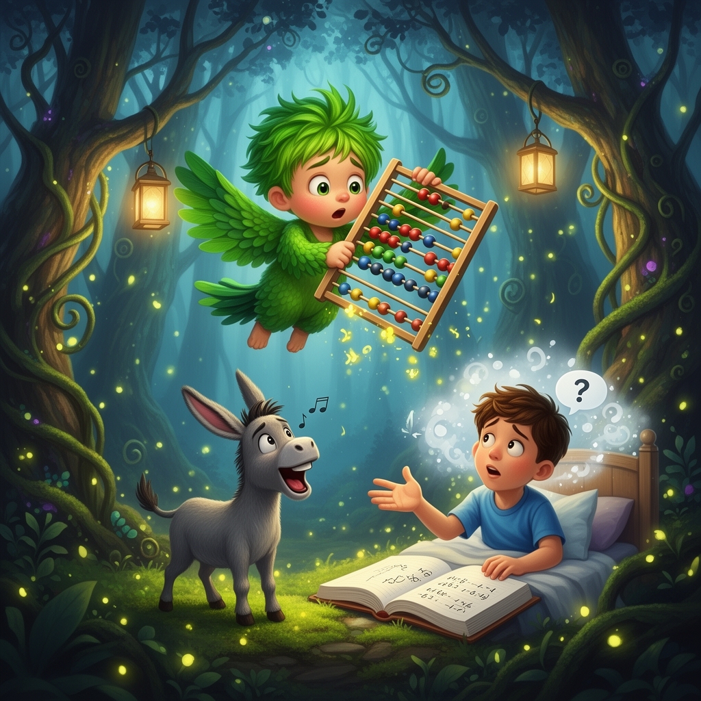 یک بچه غول خنگ ، ک در حال پرواز است و در دستش یک چرتکه هست و در حال محاسبه اعدادی که اصلا نمیفهمد ، و یک خر بازیگوش و آواز خوان هم روی زمین در حال آواز خواندن و حرف زدن با بچه غول خنگ است ، که یهو میفهمند راه خانه را گم کرده اند و در یک جنگل جادویی سرگردان مانده اند برای همین وارد رویای پسر بچه میشوند که روی کتاب ریاضی خوابش برده ، که از او کمک بخواهند . با جزئیات و دقت زیاد در طراحی جنگل و درختان جادویی ، بچه غول پرنده سبز و چرتکه مسخره ، خر آوازخوان پر حرف و پسر بچه ای که اصلا ریاضی دوست ندارد0