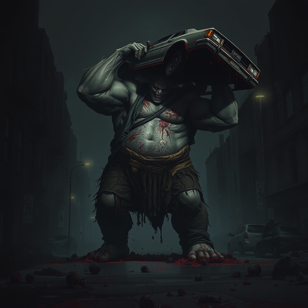 A dark fantasy concept art illustration. A gigantic, hulking zombie brute, nearly naked and made of raw muscle and decaying flesh, stands in the middle of a ruined, dark city street. It is actively throwing a heavily damaged car high into the air. Small, amorphous blobs of black and red zombie blood constantly drip and crawl around its massive feet. The scene is dark, lit only by dim, ominous city lights. Style: Detailed concept art, grimdark, dramatic shadows.0