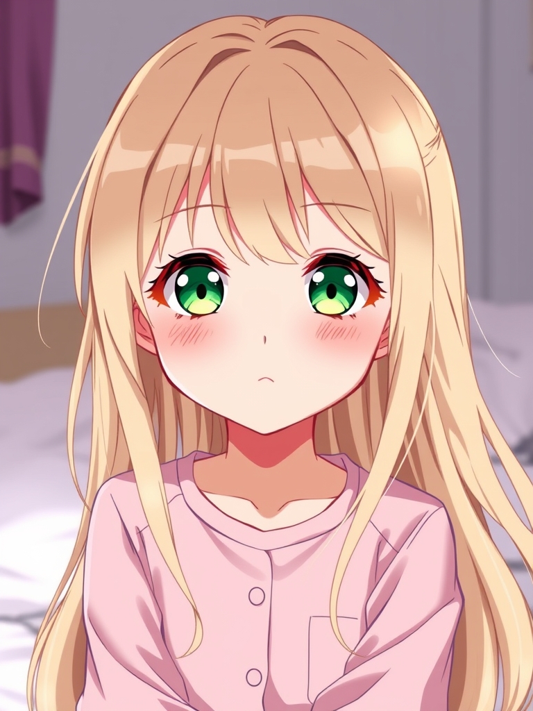 دختری بامو های طلایی خیلی بلند باز با چشمان سبز با پیژامه ی صورتی بند دار 17