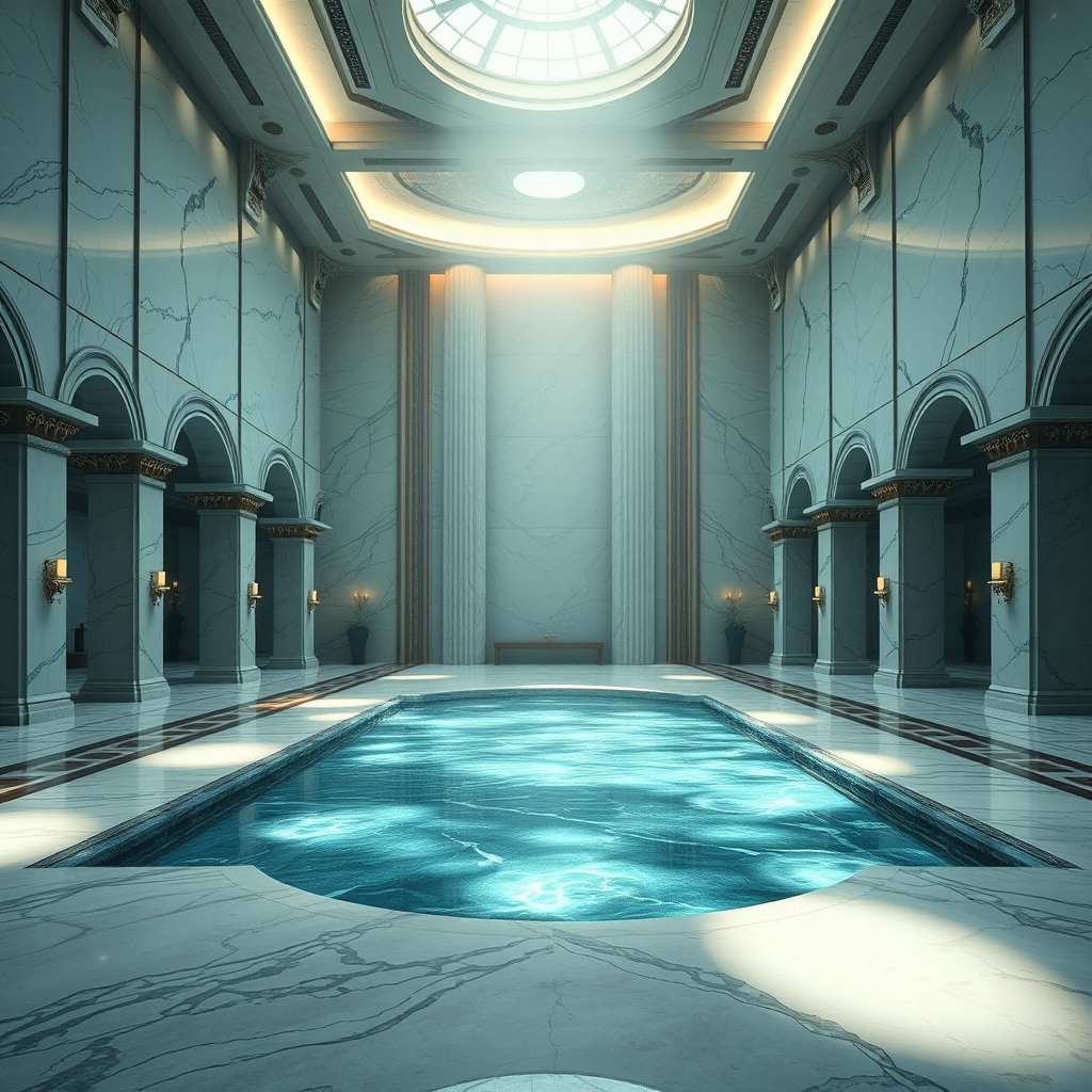 در یک سالن بزرگ سلطنتی با بنای مدرنیته،استخر بزرگ زیبایی به چشم میخورد.دیوارها و کف آن از جنس سنگ مرمر ساخته شده.12