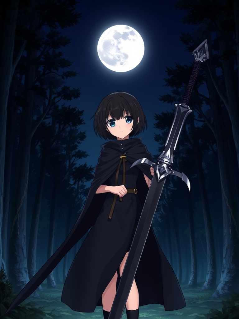 یک دختر با موی کوتاه مشکی و چشم های مشکی و شمشیری بزرگ و درخشان سیاه و شنل بلند مشکی در جنگل قرار دارد و شب است ماه کامل در آسمان می درخشد.18