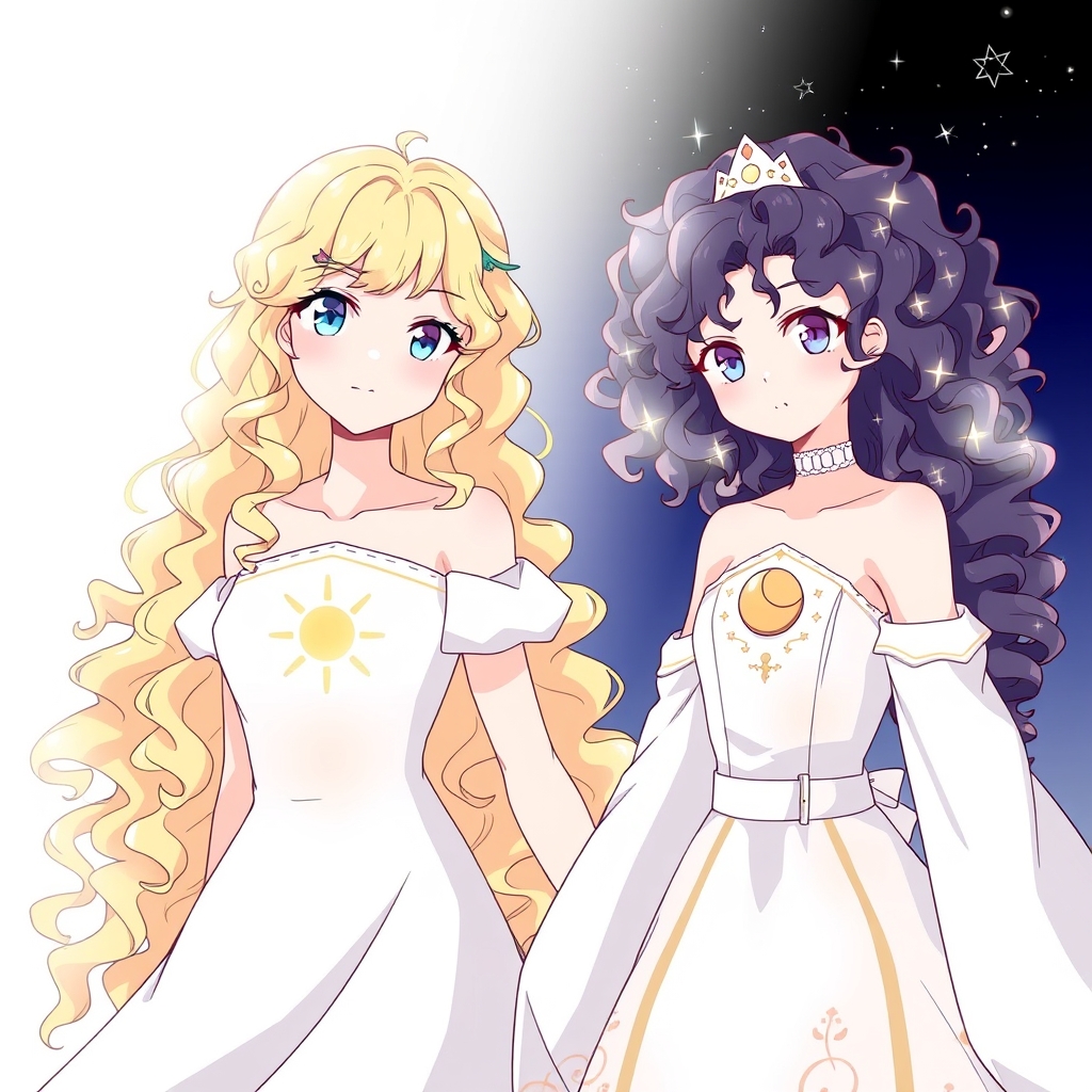 دو دختر که یکی از آنها مو هایی بلند و چتری کرمی مایل به زرد با لباس سفید که نماد خورشید روی آن به معنای ملکه روز و دیگری مو هایی چتری که در موهایش ستاره ها می درخشند و روی لباسش نماد ماه به معنای ملکه شب باشد0