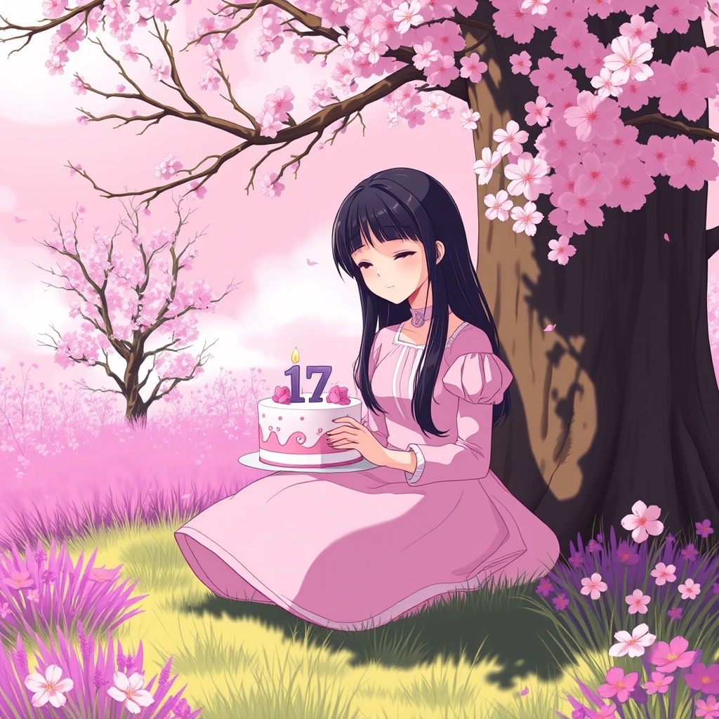عکس طبیعت رو تولید کن و آسمون صورتی رنگ باشه و چمن اونجا بنفش پررنگ باشه و درخت هایی اونجا باشن که برگ ندارن ولی به جاش کلی شکوفه های صورتی رنگ داشته باشه 
کنار یه درخت اون دور دورها،یه دختر نوجوان ۱۷ ساله نشسته و بلندی موهای او تا روی شانه هایش است و رنگ موهایش مشکی است و کیک تولد سفید و صورتی در دستش است و روش شمع عدد ۱۷ را دارد و این دختر به کیک خیره شده و این دختر به درخت تکیه داده است و دارد استراحت میکند..دختر چشم هایش رو بسته و لبخند می‌زند.. لباس صورتی پرنسسی هم پوشیده است..دختر به قدری دور است که دختر،کوچک به نظر می‌رسد.. 
آفتاب هم می‌تابد..
دختر رو زمین نشسته است و به درخت تکیه داده و کیک در دستات اوست و سرش به سمت کیک که در دستانش است کمی خم شده و سرش کمی رو به پایین است..
تاکید می‌کنم.تصویری که داری تولید میکنی،به قدری از دختر فاصله دارد که دختر خیلی خیلی کوچیک به نظر می‌رسه و آن دور دور هاست22