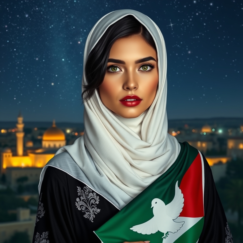 💫❄️زیباترین بانو در جهان حتی در رویایی که شکوه خدا را داشته باشد که با چشمانی سبز رنگ که موهای مشکی رنگ حالت دار باشد که با پوستی سفید باشد وبا لب های سرخ باشد که چفیه فلسطینی دور گردنش باشد وبا لباس نیم آستین مشکی که طرح کبوتر سفیدی بر رویش باشد بر تن داشته باشد و در دستانش پرچم فلسطین باشد و پشت سرش بیت المقدس باشد و در آسمان پر از ستاره‌های درخشان باشد ببینیم رویایی چیکار می‌کنه15