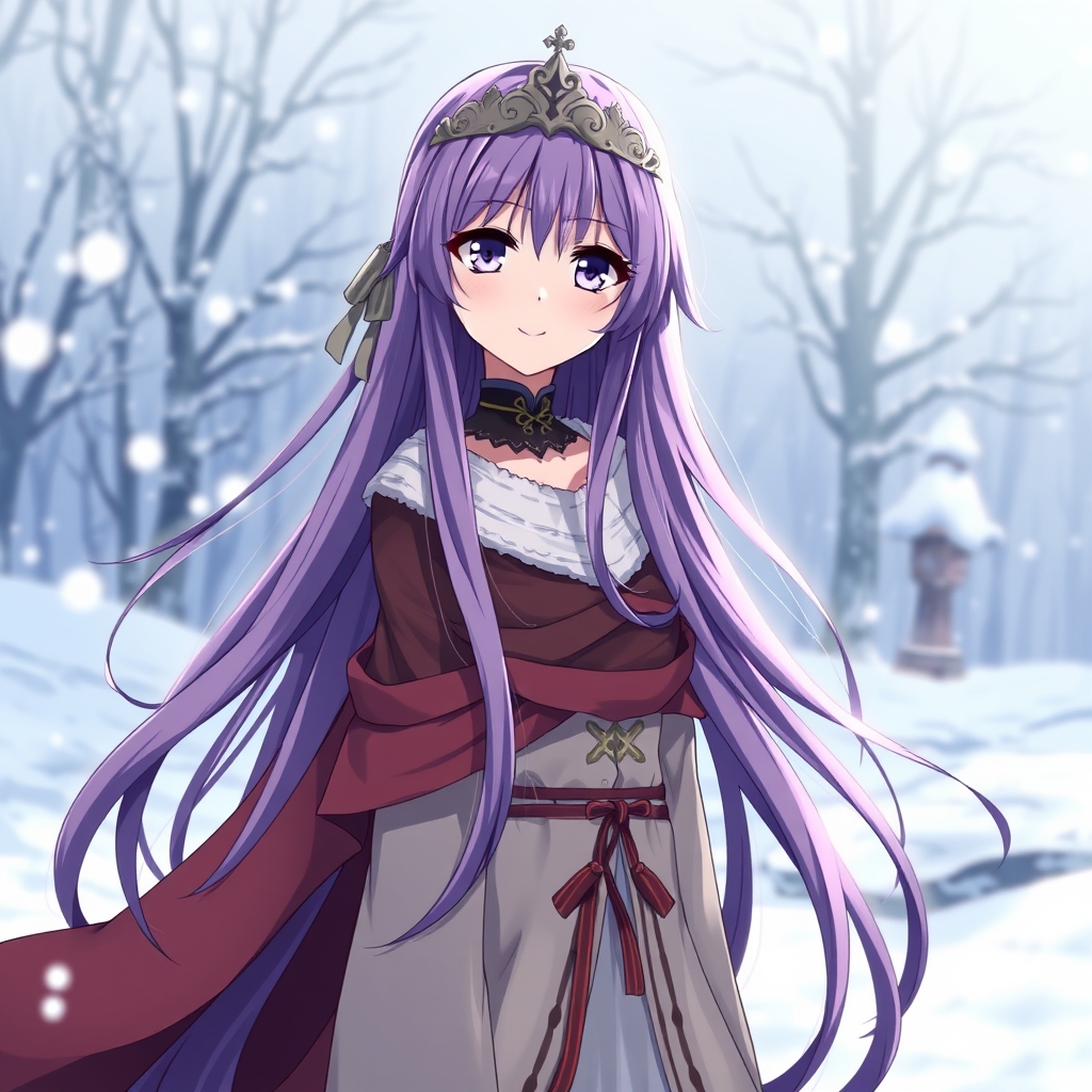 یک دختر انیمه با چشم و موهای بلند بنفش که ملکه زمستانی است2