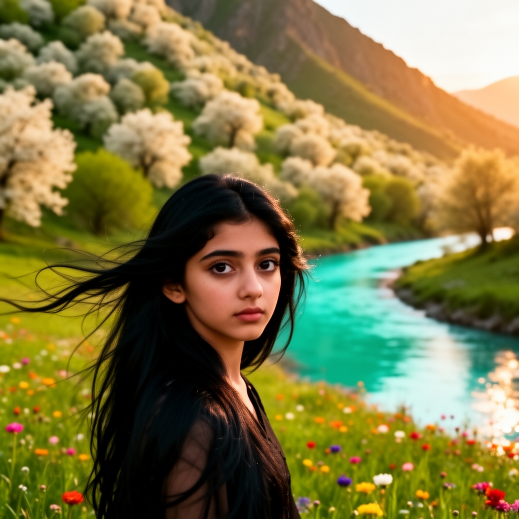 دختربچه ای زیبای ایرانی با موهای بلند و مشکی که موهایش در باد پریشان شده و باچشمانی زیبا و درشتبه دوربین نگاه می کند

 درمیان گلزاری زیبا و سرسبز  در کنار کوهی بلند و سرسبز با درختانی پر گل و شکوفه که از زیر آن رودی پر آب و فیروزه ای رنگ جاریست


1