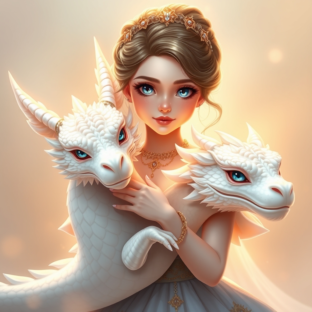 دختره جوان زیباترین بانوی جهان همینطور در هوش مصنوعی رویایی با استفاده از حالت دار زرد براق وچشم های ابی که مردمک در دریا باشند و با پوستی سفید همرنگ برف با نوع قرمز لبی سرخ با لباسی سلطنطی با مدل 
 موی زیبا میخوام دختره کیوت باشه و اژدهای سفید بزگی در آغوش داشته باشه 11