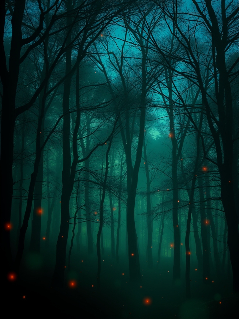 یک جنگل اسرارآمیز با درختانی از جنس نور، که با سایه‌های سبز و آبی به نرمی می‌درخشند و شعله های کوچک سرخ رنگ بسیاری مثل پروانه درهوا پرواز میکنند
4