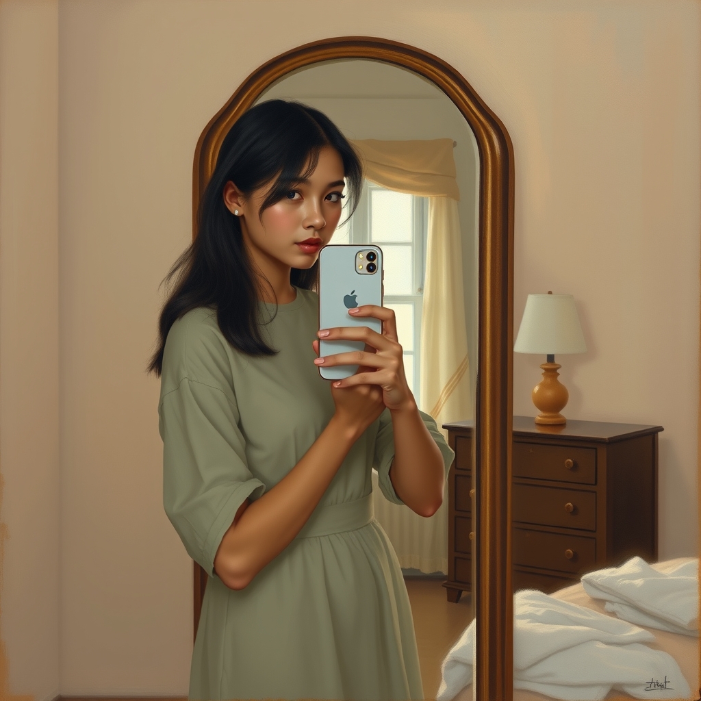 سبک نقاشی 
دختر ی که دارد  با گوشی اپل در آینه عکس میگرد 4