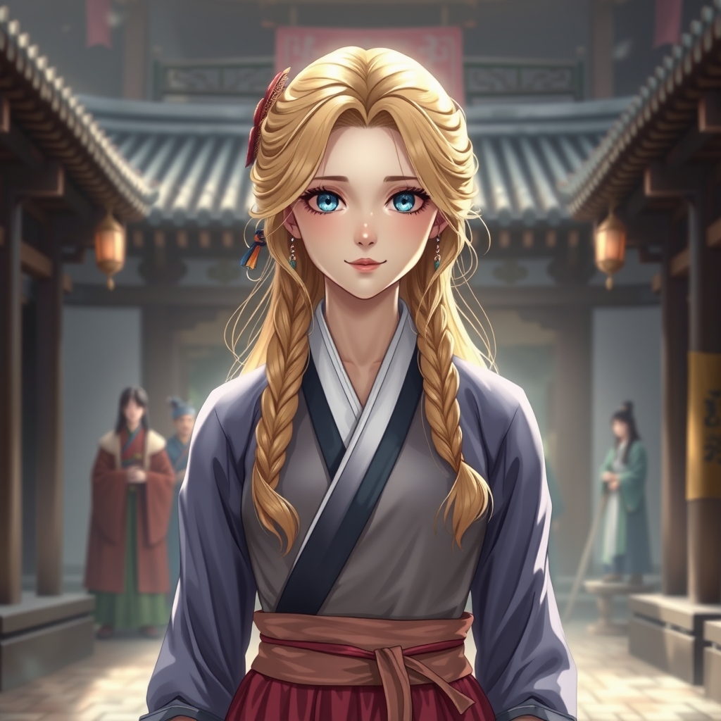عکس یک پرنسس زیبا با موهای طلایی و چشمانی یشمی پا لباس هانبوک در قصر کره ی قدیم که چند ندیمه پشت سر او ایستادند3
