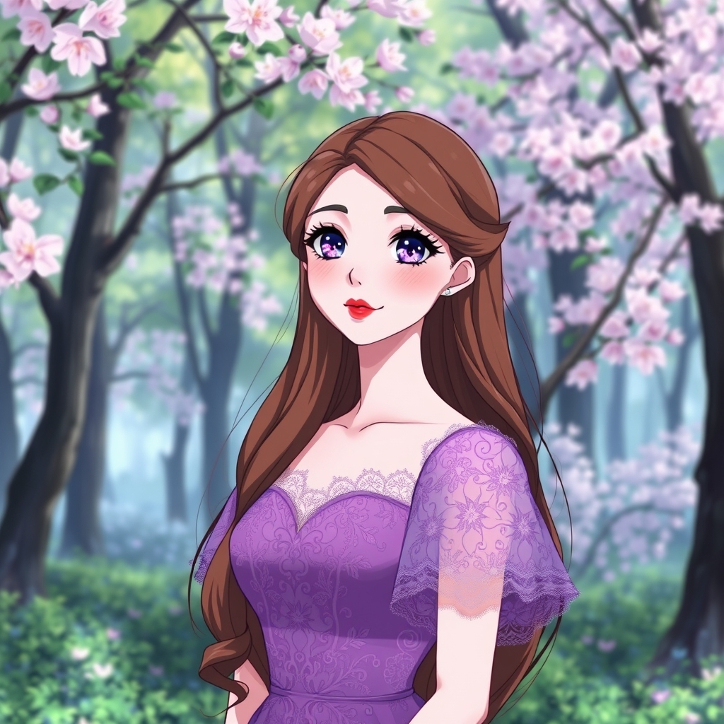 🌹🪻👑♥️زیباترین زن جوان در جهان حتی در رویایی که شکوه خدا را داشته باشد که نظیر آن در دنیا نباشد که همه بهش سجده کنند که با چشمانی کریستالی بنفش که در مردمکش کهکشان راه شیری زیبایی باشد که با پوست سفید همرنگ برف و گونههای سرخ و با لبانی سرخ و با موهای بلند حالت دار قهوه ای باشد که با لباس پرانسسی بنفش رنگ توری اکلیری رویایی باشد که پشت سرش جنگلی پر از درختان شکوفه باشد و خیلی خیلی رویایی ببینیم رویایی چیکار میکنه0