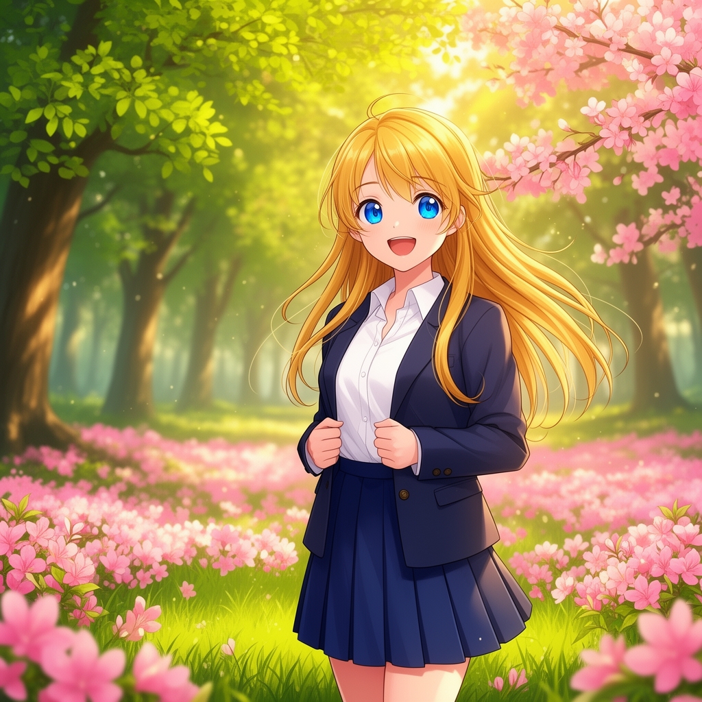 دختریبا لباس مدرسه چشم های آبی و مو های طلایی خوشحال در میان درختان و گل های صورتی1