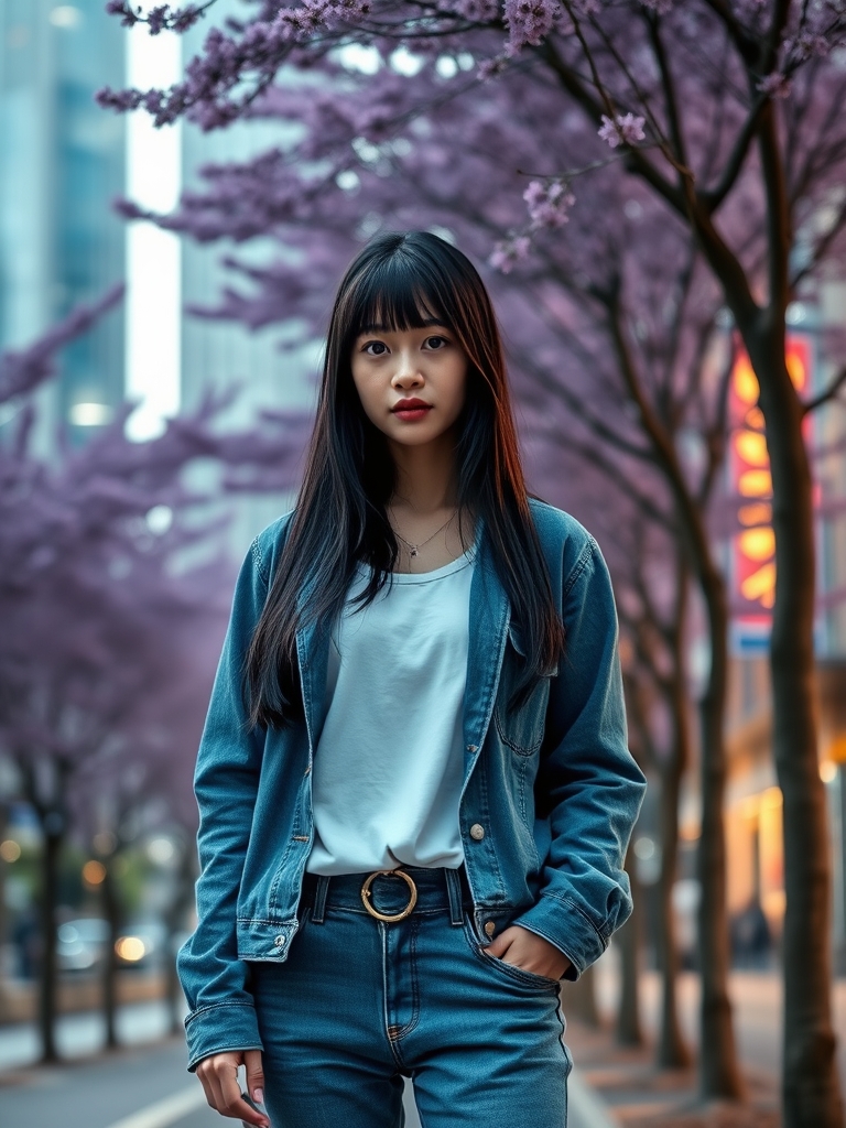 دختری در توکیو در کنار درختان بنفش
ب موهای ولف کات مشکی بلند
چشمانی به رنگ آبی کریستالی
قدی نسبتا بلند
استایل تامبوی 0