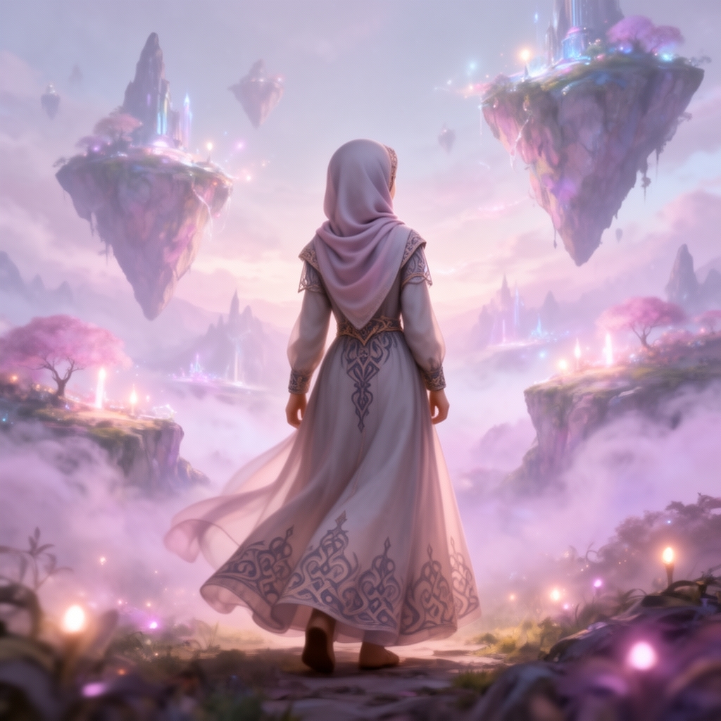 دختر محجبه با لباس بلند از پشت سر در مکانی رویایی4