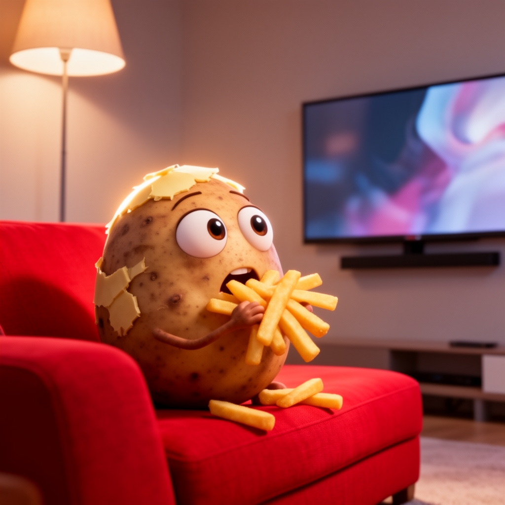 سیب زمینی که پوستش کنده شده و چشم دارد و در حال خوردن یپس است و به تلویزیون نگاه می‌کند و روی مبل قرمزی نشسته است سه بعدی کارتونی بساز1