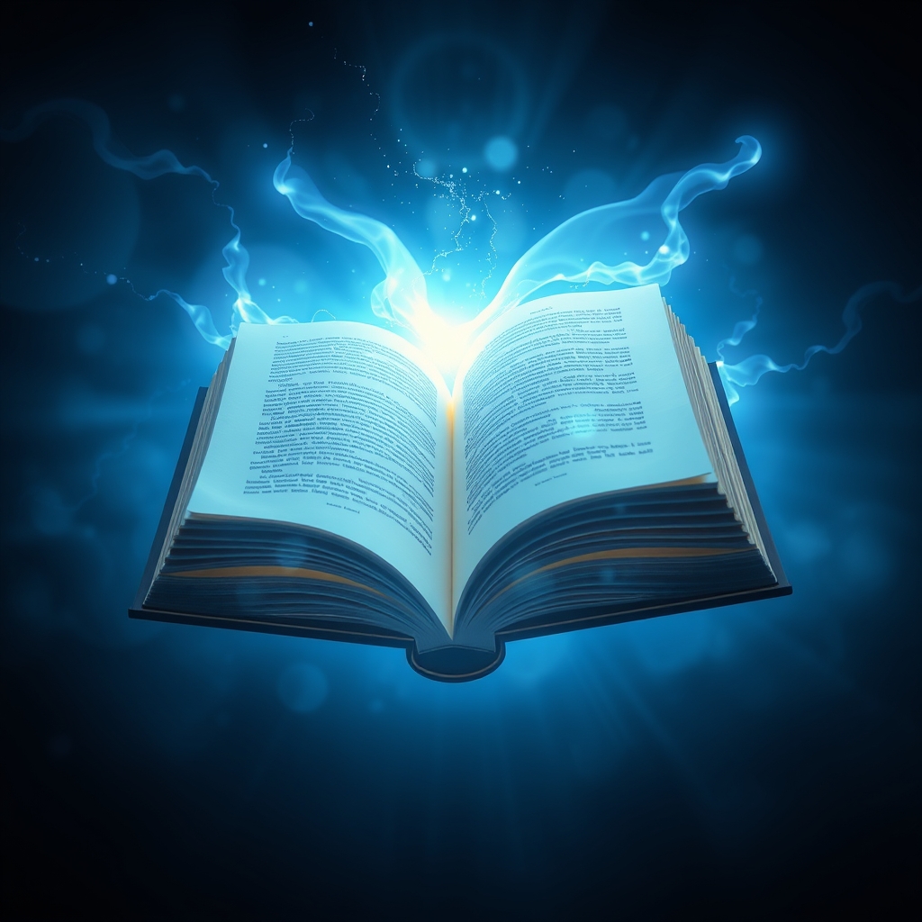 یک کتاب فانتزی با صفحاتی از جنس نور، که هنگام شناور شدن در هوا می‌درخشد.1