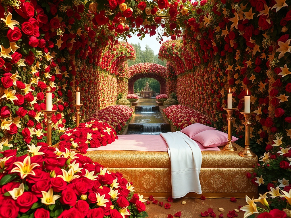 در باغی پر گل سرخ و لی لی یم زرد و سفید اطلسی شب بو
در و دیوار بلند آن پوشیده از گل سرخ لی لی یم زرد و سفید اطلسی و شب بو
زمین پر گل سرخ لی لی یم زرد و سفید اطلسی شب بو 
وسط باغ 
تونل مسقف از گل سرخ و لی لی یم
گوشه کنار رودها و آبشارها جاری ست 
یک تخت خواب قرون وسطایی طلایی با کوسن صورتی پر  شده با گل سرخ و لی لی یم حوله نرم و سفید
شمعدان های پر شمع گوشه کنار دیده می شود 
و میز مجلل طلا 
پر نان کره خامه عسل مربا باقلوا شیر گردو پسته آجیل 
و میوه مثل انگور انار سیب خرما8