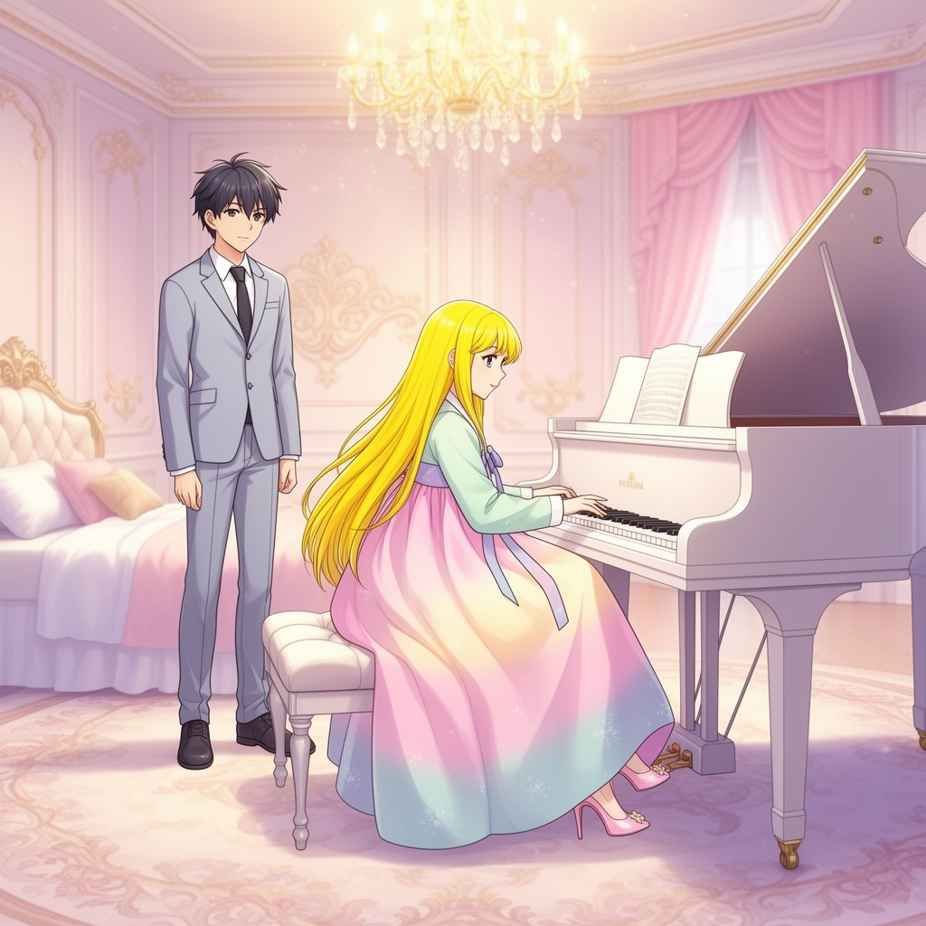دختری بسیار زیبا که ۱۶ ساله است و چهره ای زیبا در اتاق پرنسس خود پیانو می‌زند لباس هانبوک یاسی و با موهای زرد و پوست سفید وبا کفش پاشنه بلند یاسی پر فیس و عفاده و پسری مغرور که در پشت آن ایستاده و او را تماشا می‌کند پسر بسیار زیباست2