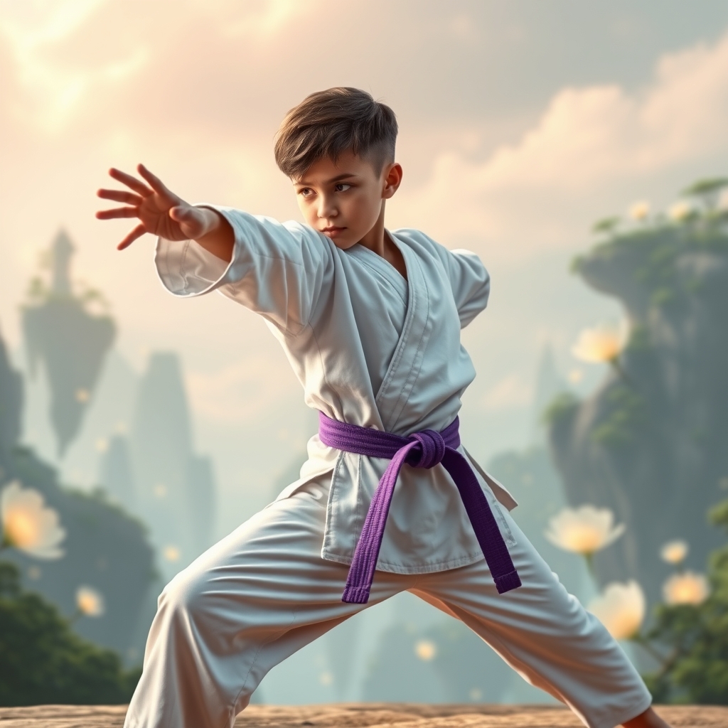 پسرکی ورزش کار با لبای کاراته کمر بند بنفش در حال ورزش 
6