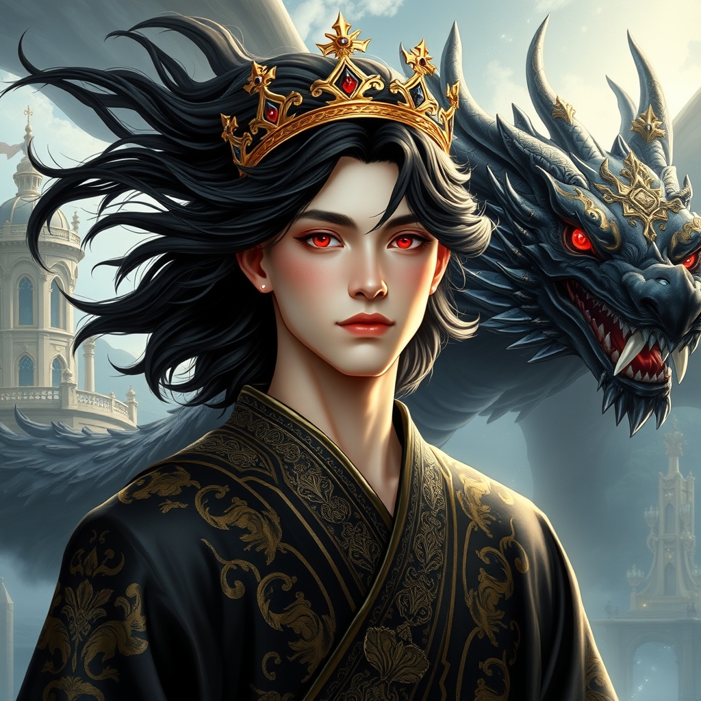 زیباترین مرد جوان در هستی حتی در رویایی که شکوه خدا را داشته باشد که نظیر آن در دنیا نباشد که همه از شدت زیبایی به او سجده کنند که با موهای مشکی رنگ بلند حالت دار و موجدار ایکلیری نچندان بلند و نچندان کوتاه و زیبایی رو داشته باشد که با چشمانی کریستالی قرمز رنگ خونی باشد که با پوست سفید همچون ماه و با لبانی سرخ همچون یاقوت با گونه‌هایی صورتی که تاجی از طلا بر سر داشته باشد که لباس سلطنتی مشکی طلایی رنگ توری بر تن داشته باشد که پشت سرش قصر باشکوهی باشد که در کنارش اژدهای بزرگ کریستالی سیاه باشد 2