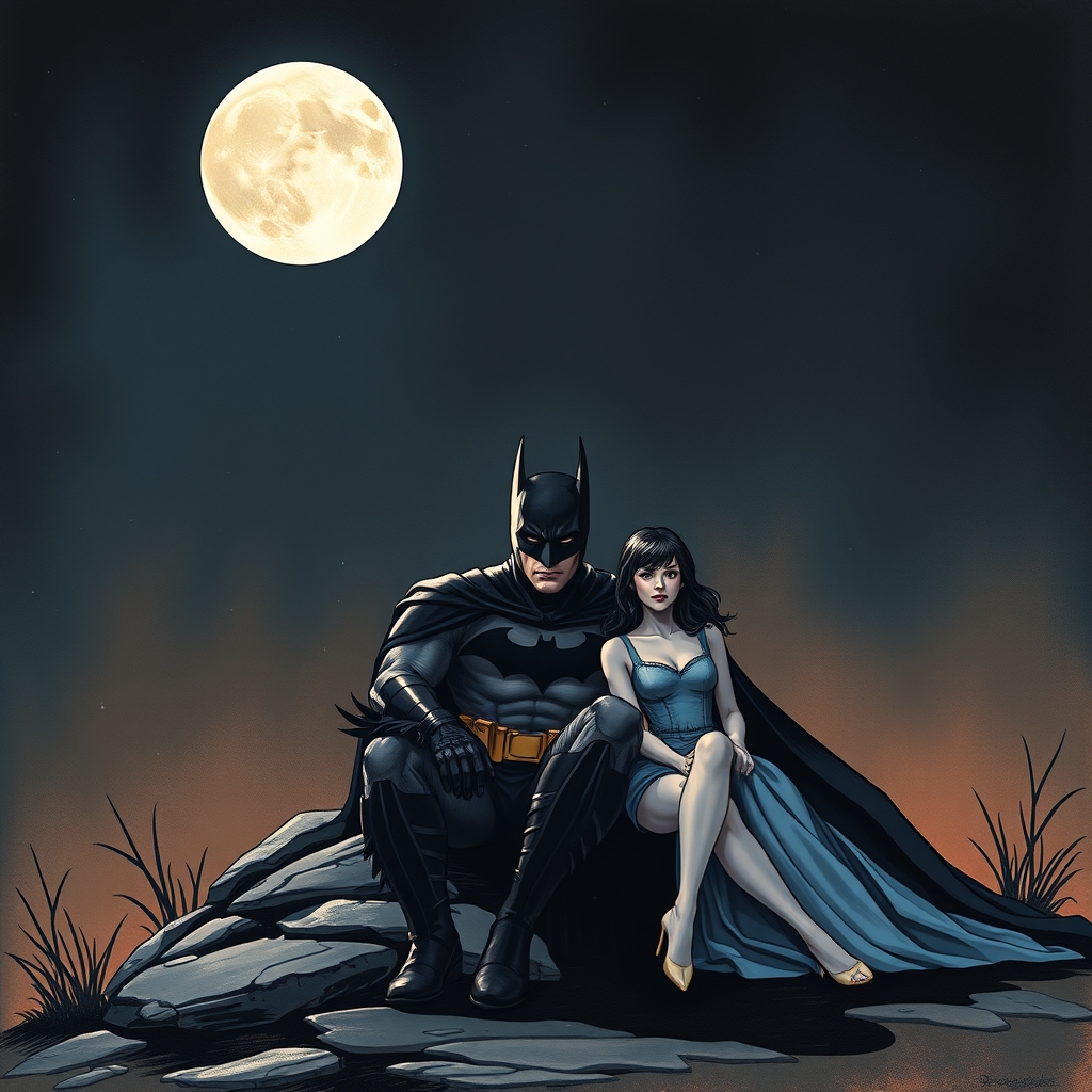 بتمن در یک شب تاریک زیر ماه نشسته در کنار همسرش 3