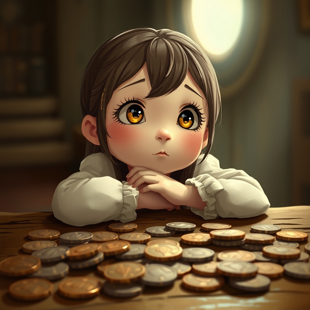 دختری چاق که پشت میزی نشسته است که روی آن پر از دلارو دستانش را زیر چانه اش قرار داده وروی دستانش تکیه کرده10