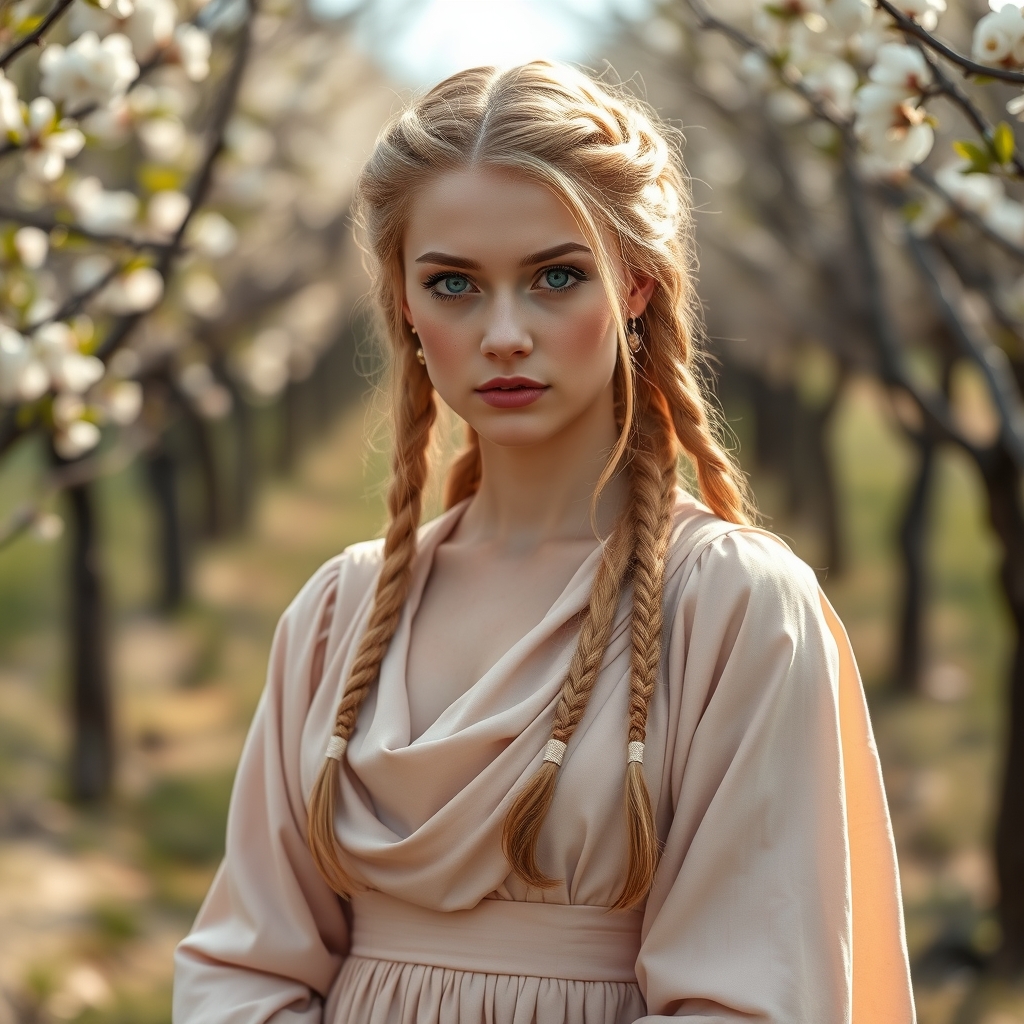 زنی جوان و زیبا با موهای طلایی رنگ بابریس شده و با چشمانی آبی رنگ که با پوست سفید و درخشانی باشد و با لباس‌های سلطنتی زیبایی تنش باشد که در پشت سر آن باغی درخت شکوفه باشد11