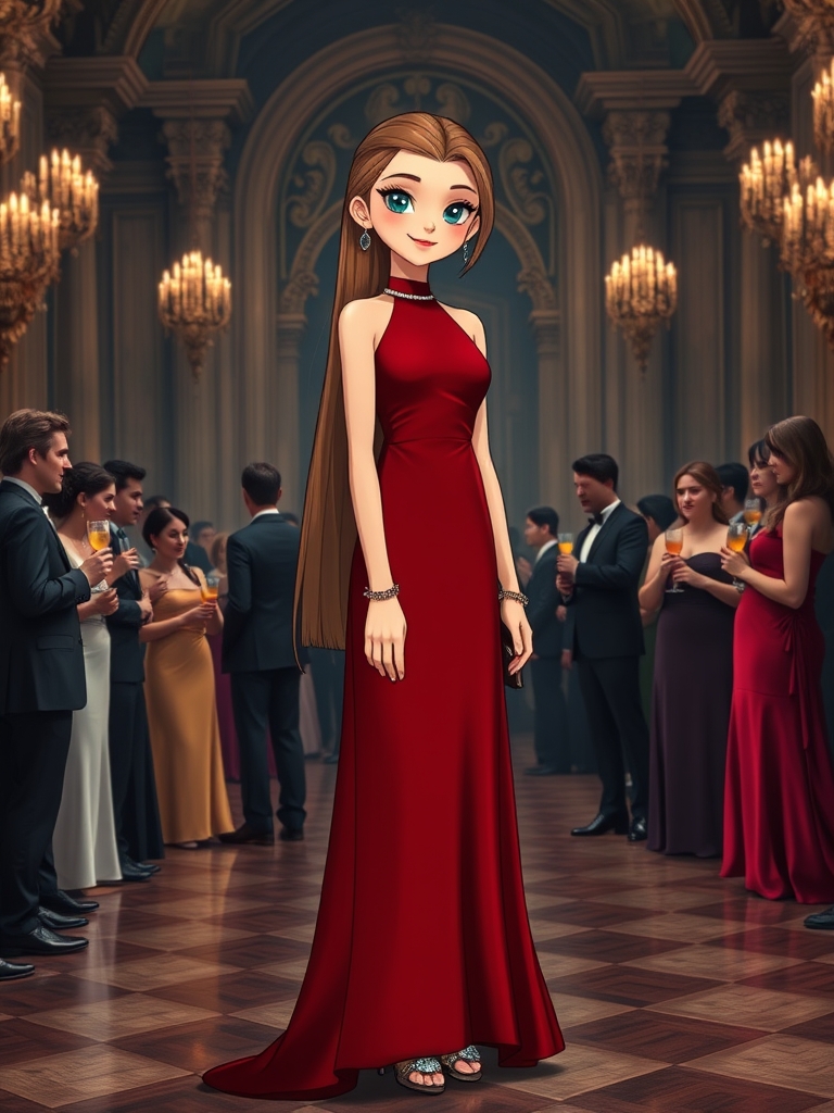 دختر‌ی‌‌‌با‌موهای‌‌خرمایی‌بلند‌‌که‌‌شنیونش‌کرده‌و‌دو‌قسمت‌از‌موهاشو‌که‌کوتاهه‌‌‌‌باز‌کرده‌صورتی‌سفید‌‌‌‌ابرو‌های‌
کمانی‌خرمایی‌‌‌چشمانی‌آهویی‌ودروشت‌لب‌های‌معمولی‌
سرخ‌گوشتی‌بینی‌قلمی‌‌‌‌‌‌لباسی‌شامل‌یک‌لباس‌ماکسی‌بلند‌
قرمز‌خونی‌بر‌تن‌دارد‌‌با‌کفش‌های‌پاشنه‌۷‌سانت‌وجواهرات‌
الماسی‌‌‌‌تجملاتی‌مثل‌گوشواره‌وگردنبند‌و‌دستبند‌‌ویک‌کیف‌
کوچیک‌همراه‌لباس‌برتن‌دارد‌‌درحالیکه‌‌در‌یک‌قصر‌
که‌آدم‌های‌زیادی‌با‌لباس‌های‌مجلسی‌‌ونوشیدنی‌در‌دست‌
در‌حال‌محوه‌
زیبایش‌هستند‌‌
4