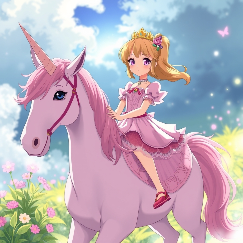 عکس دختر با لباس پرنسسی سوار بر اسب تک شاخ صورتی در فضای جادویی19