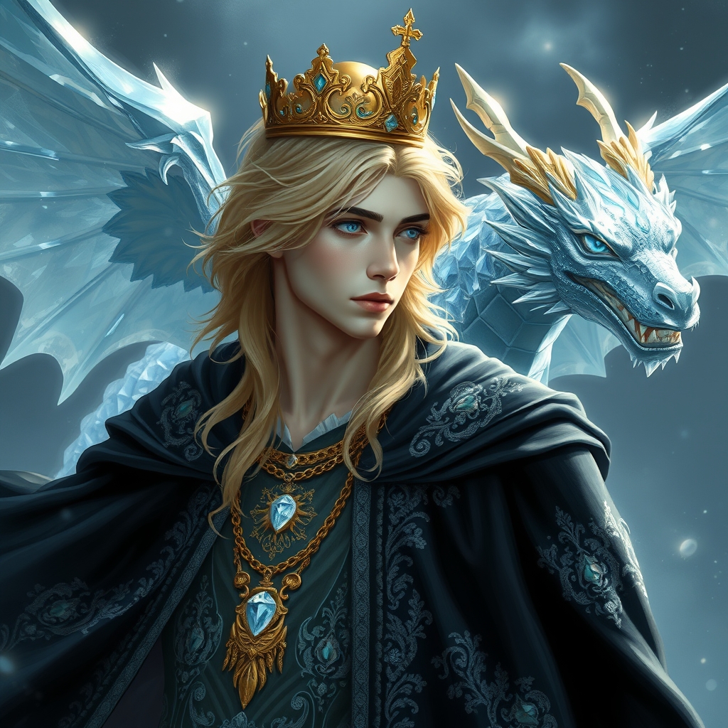 زیباترین مرد جوان در جهان حتی در رویایی که شکوه خدا را داشته باشد که نظیر آن در دنیا نباشد که از شدت زیبایی همه بهش سجده کنند که با چشمانی آبی رنگ که در مردمکش دریا باشد و با پوستی سفید همانند ماه باشد که با موهای طلایی رنگ نچندان بلند و نچندان کوتاه باشد که زیبا ترین شنل سلطنتی  مشکی با طلایی اکلیری رویایی برتن داشته باشد و تاجی از طلا بر سر داشته باشد و باد بزن زیبایی در دستانش باشد 
 که پشت سرش اژدهای کریستالی بزرگ باشد ببینم رویایی چیکار می‌کنه تاکید کردم نظیر آن در دنیا نباشد5