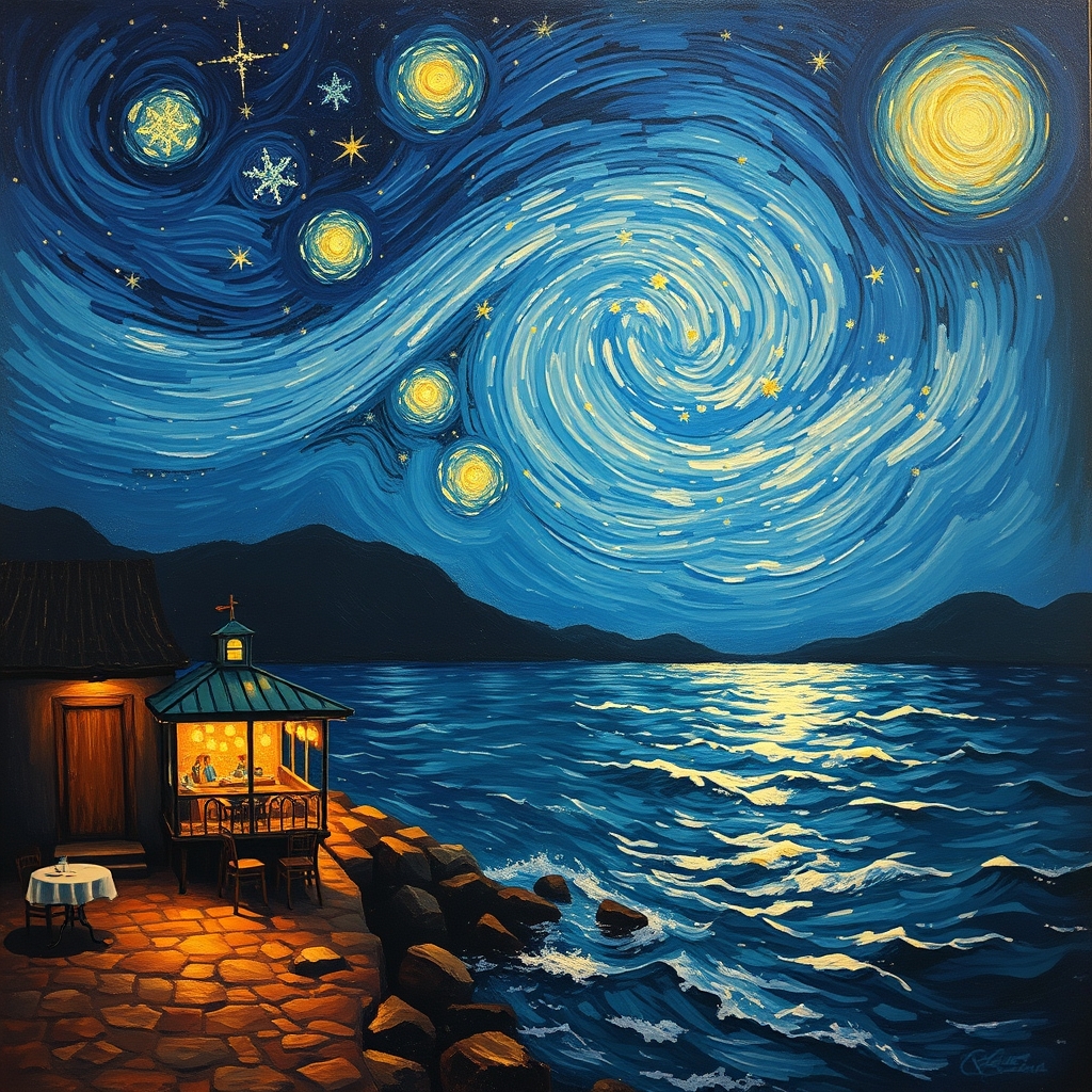 نقاشی به سبک پست امپرسیونسیم ونگوگ از دریا و کافه شب و شب پرستاره20