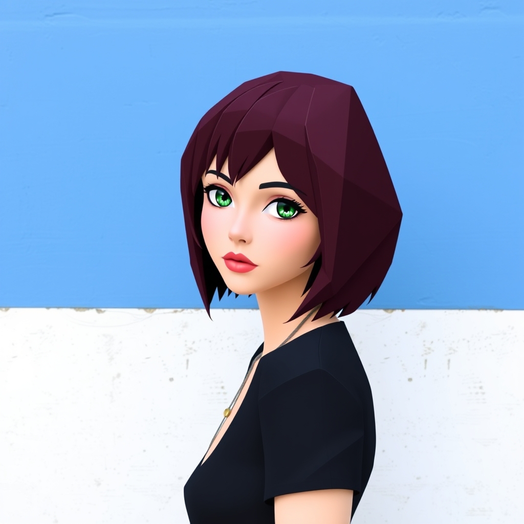 The image shows a person with shoulder-length burgundy hair, green marble eyes, a necklace, a white textured surface, wearing a black top and standing against a blue wall.1