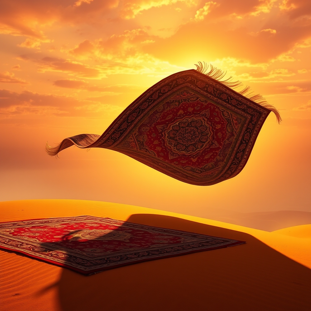 یک قالی ایرانی که به یک قالی پرنده جادویی تبدیل میشود، در آسمان غروب طلایی.7