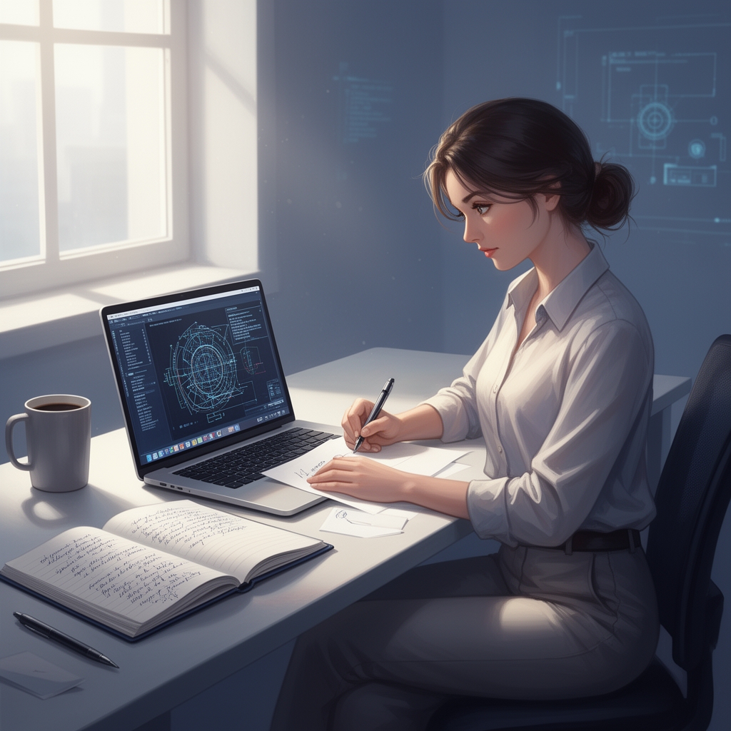 دختر مهندس که در حال طراحی با لب تاب است و در حال یاداشت چیزی در برگه است 3