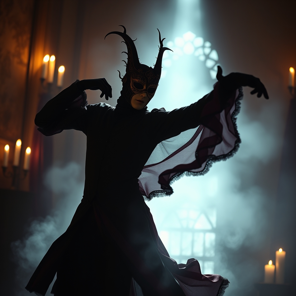 یک رقصنده نقاب‌دار مرموز در حال اجرا در اتاقی روشن با نور شمع.3