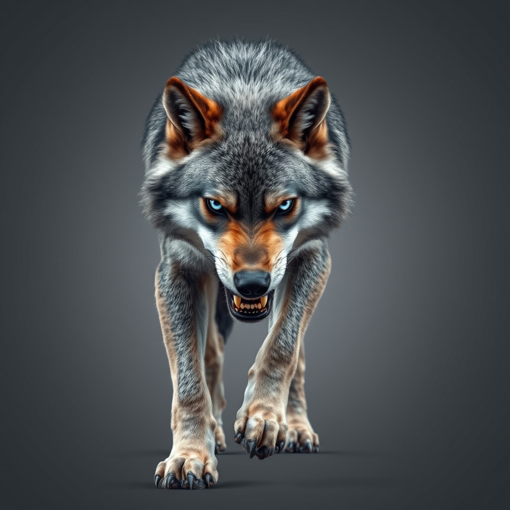 پس زمینه طوسی،یک گرگ خشم گین درحال راه اومد و دندون هاش دیده شود،رنگ گرگ خاکستری باشد و رنگ چشمانش آبی باشد5