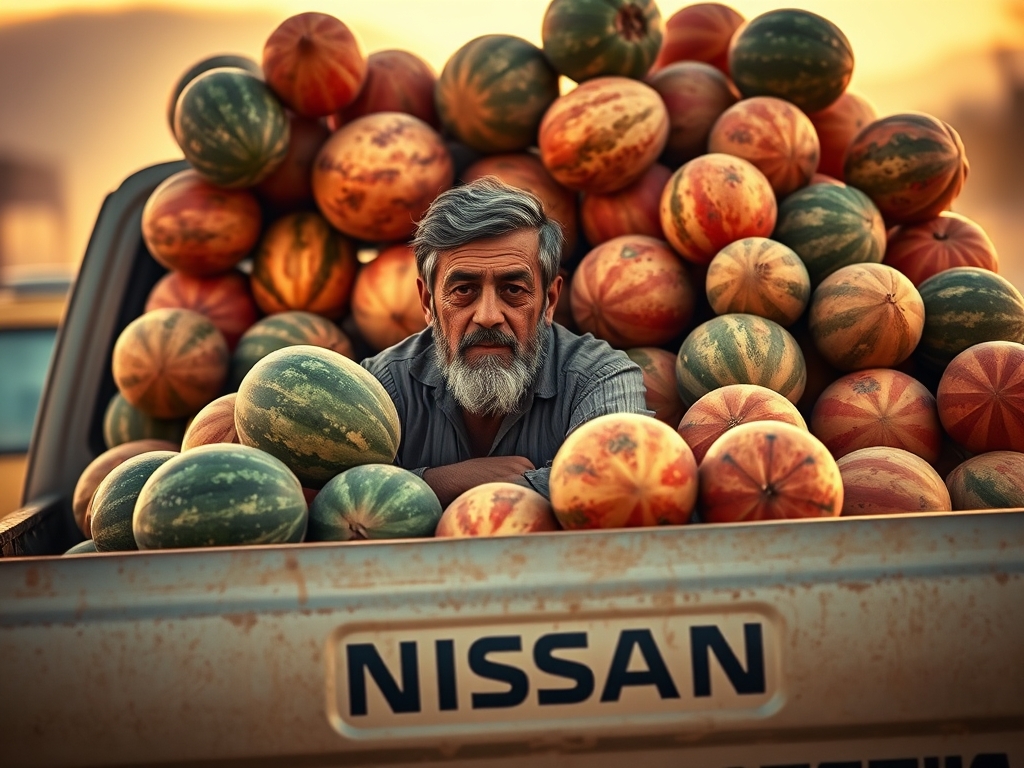 یک مرد مشتی سوار یک نیسان ابی و پشت ان نیسان هندوانه23