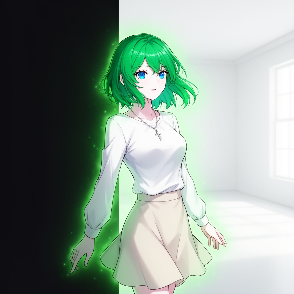 دختری خفن  با مو های سبز و پوستی سفید و چشمانی آبی که‌در تاریکی به رنگ  سبز یشمی در می آید با گردنبندی که صلیب دارد و در اتاقی سفید است1