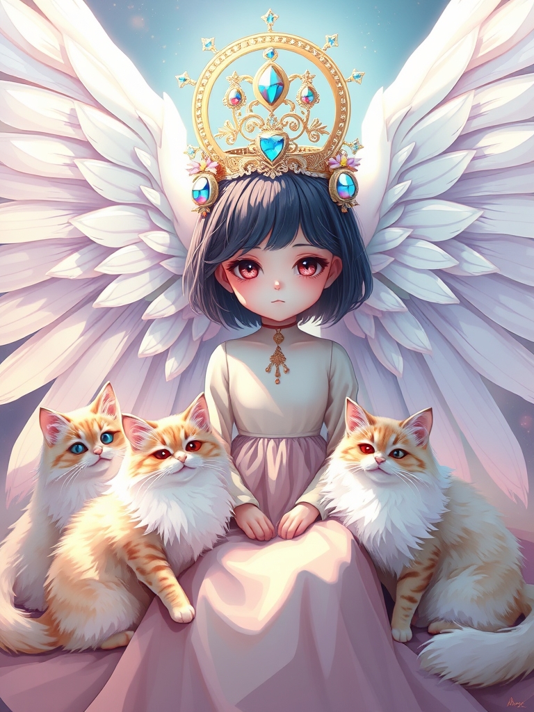 دختری فرشته ای با بال های سفید و تاج دایری ای به همراه سه گربه7